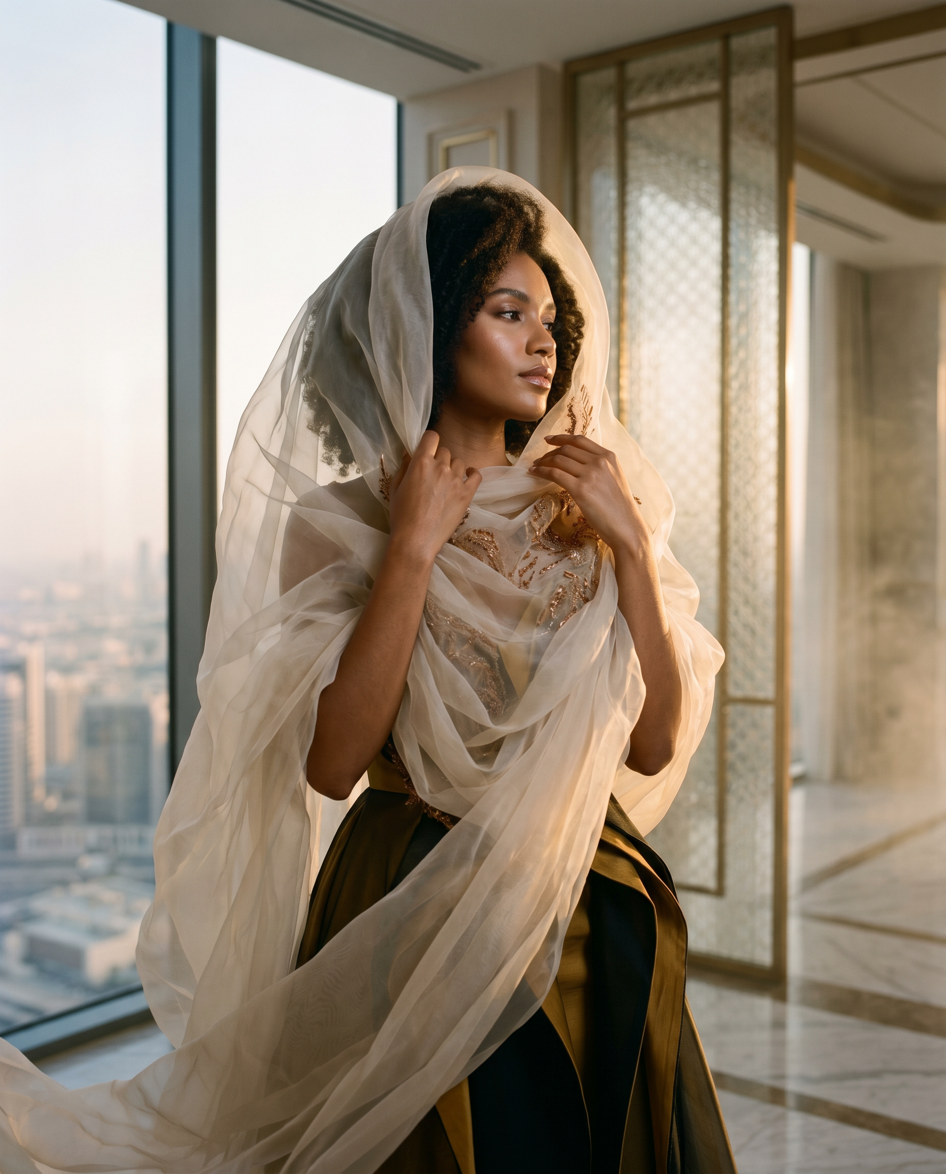 Vertical editorial portrait behind a veil