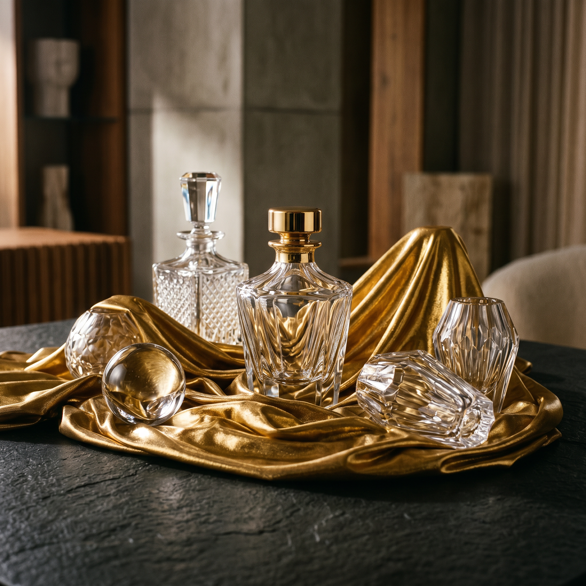 Luxury glass and fabric object composition