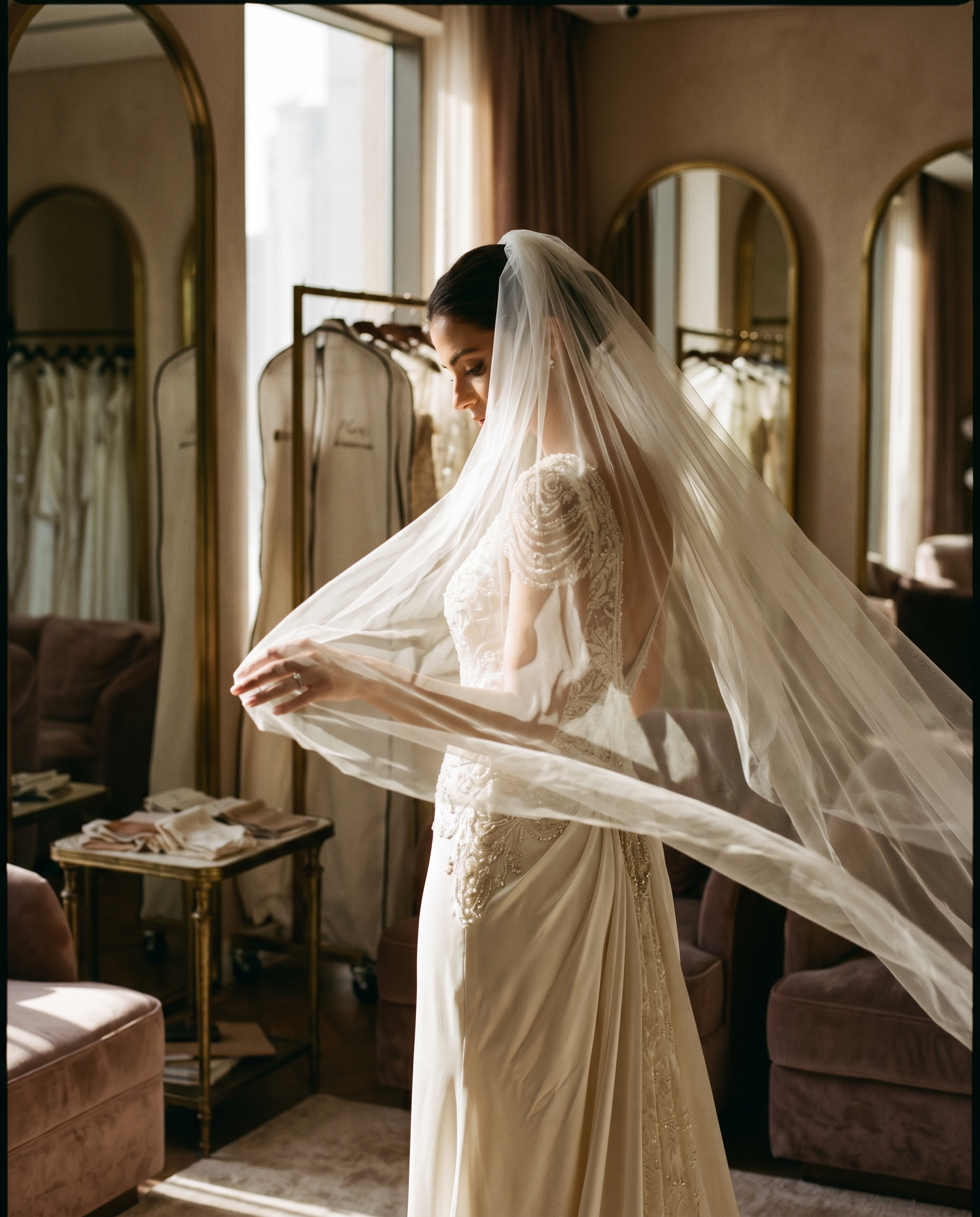 Elegant bridal portrait with a flowing veil